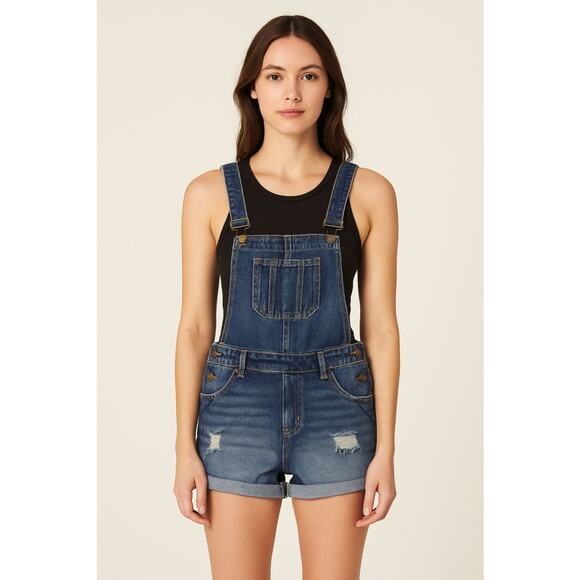 Wax Jean Denim Overalls Distressed Rolled Shorts Y2K Grunge Size S - Picture 1 of 6